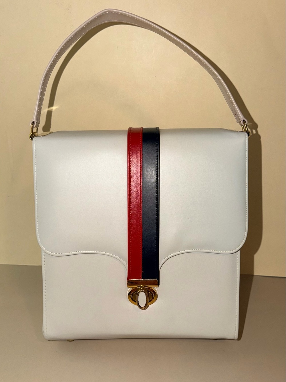 Vintage 1960s Mid-Century Mod Ivory Leather Top Handle Bag Red Black Stripe